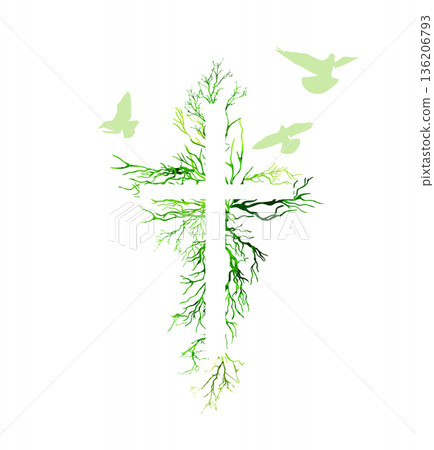 Religious cross made from tree branches with flying birds. Hand drawn. Not AI, vector illustration Religious cross made from tree branches with flying birds. Hand drawn. Not AI, vector illustration 136206793