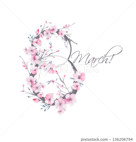 Postcard for March 8. Happy Women's Day. Beautiful cherry blossom flower vector illustration. Hand drawn. Not AI, Postcard for March 8. Happy Women's Day. Beautiful cherry blossom flower vector illustration. Hand drawn. Not AI, 136206794