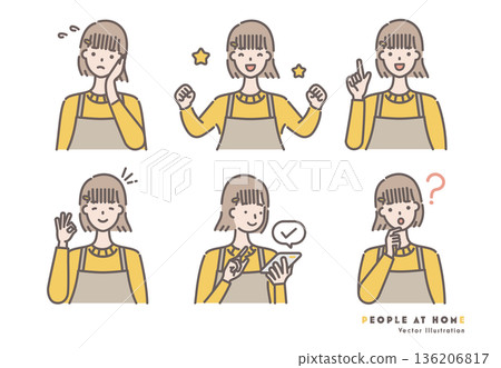 一組插圖，描繪了一位身穿圍裙和黃色衣服的女士。 136206817