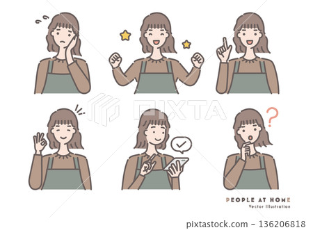 Illustration set of a woman wearing an apron and brown clothes 136206818