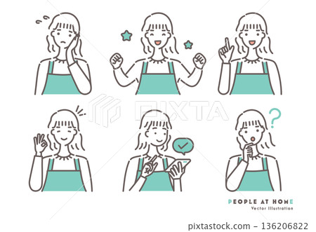 Illustration set of a woman wearing an apron Green two-tone 136206822