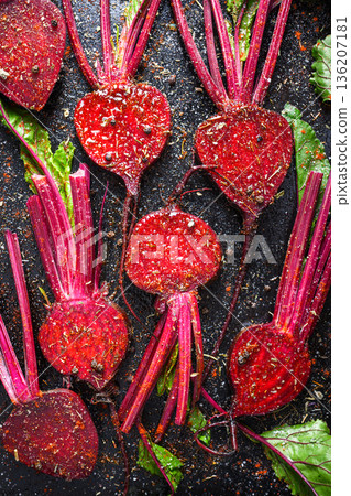 Raw beetroot arranged in colorful pattern Raw beetroot arranged in colorful pattern 136207181