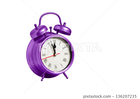retro clock, pointer clock, purple color alarm clock on isolated white background retro clock, pointer clock, purple color alarm clock on isolated white background 136207235