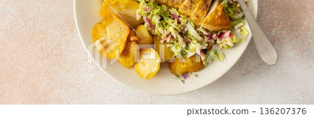 Fresh baked potatoes and chicken breast served with a salad of Chinese cabbage and pink radish make a healthy breakfast option. This meal is prepared at home and offers nutrition, banner 136207376