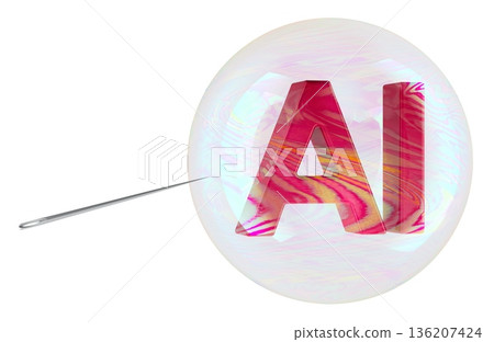 AI inside soap bubble with needle. Concept of AI hype bubble burst, 3D rendering AI inside soap bubble with needle. Concept of AI hype bubble burst, 3D rendering 136207424