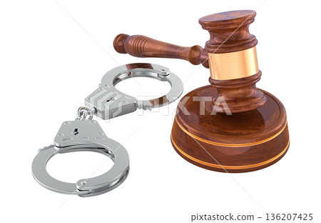 Wooden judge gavel and metal handcuffs, concept of justice law enforcement and arrest, 3D rendering Wooden judge gavel and metal handcuffs, concept of justice law enforcement and arrest, 3D rendering 136207425