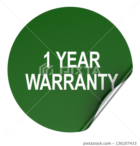 1 year warranty green sticker label with peeled corner. 3D rendering 1 year warranty green sticker label with peeled corner. 3D rendering 136207433