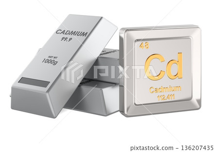 Cadmium ingots with Cd chemical element symbol, 3D rendering 136207435