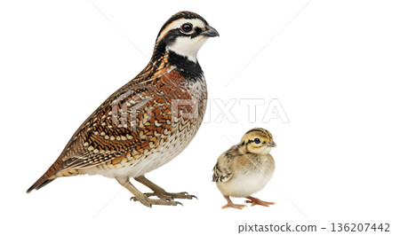Northern Bobwhite and its chick are positioned closely together, showing a connection between the adult bird and its young. This moment highlights the life stages in the bird's development. 136207442