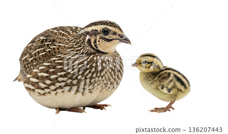 Round Japanese Quail stands next to its small chick. Both birds show distinct features typical of their species. They are isolated against a white background, showcasing their sizes. Round Japanese Quail stands next to its small chick. Both birds show distinct features typical of their species. They are isolated against a white background, showcasing their sizes. 136207443