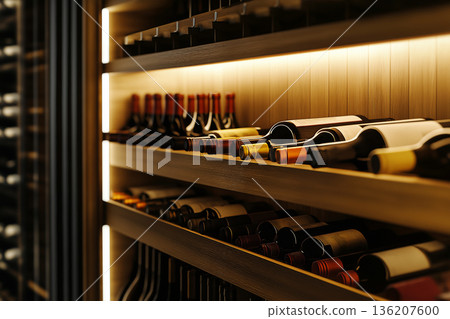 Modern wine cellar with bottle shelves and lighting Modern wine cellar with bottle shelves and lighting 136207600