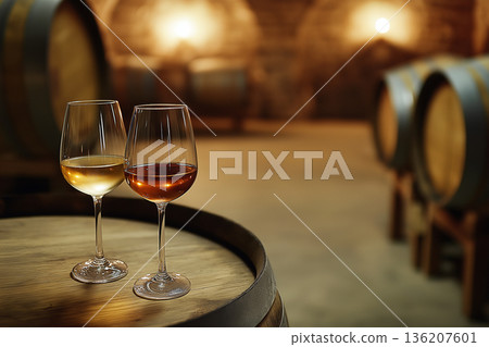 Glasses Of Wine On Barrel Surface 136207601