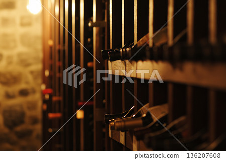 Exploring a rustic wine cellar with wooden racks filled with various bottles of wine 136207608