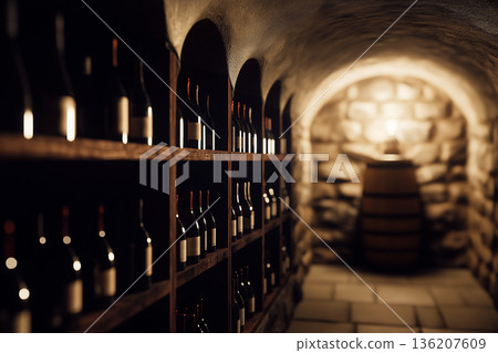 Stone wine cellar with bottle racks and barrel 136207609