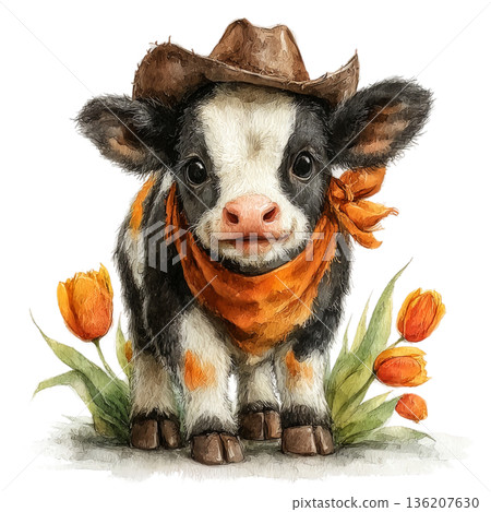 Adorable cowboy calf with a jaunty orange bandana and brown hat stands among vibrant tulips, radiating farm charm and playful personality for heartwarming projects. Adorable cowboy calf with a jaunty orange bandana and brown hat stands among vibrant tulips, radiating farm charm and playful personality for heartwarming projects. 136207630