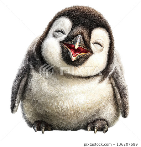 Joyful baby penguin chick with eyes closed and beak open in an expression of pure delight, perfect for conveying happiness and innocence in any project. 136207689