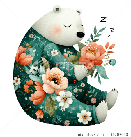 Adorable sleepy polar bear snuggled with a bouquet of vibrant flowers, dreaming sweet dreams in a cozy, floral pajama set, perfect for children's books and nursery decor. 136207690