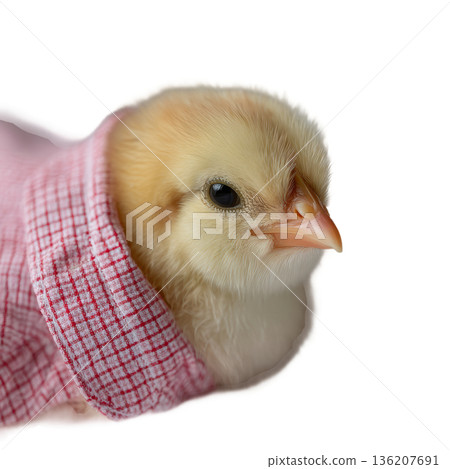 Adorable fluffy yellow chick snuggled warmly in a cozy red and white checkered cloth, radiating innocence and spring charm for your heartwarming projects. 136207691
