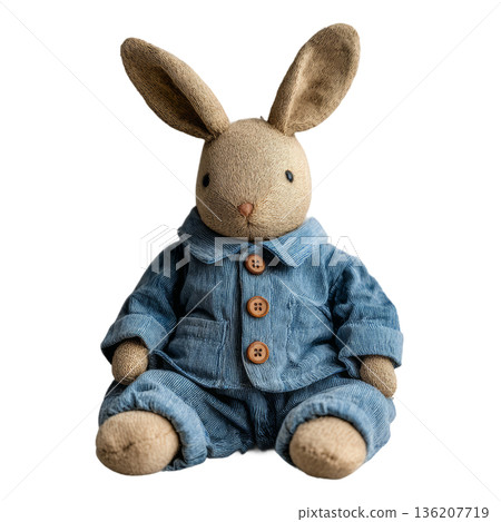 Adorable plush bunny character dressed in a charming blue corduroy pajama set, perfect for children's books, nursery decor, and whimsical storytelling projects. Adorable plush bunny character dressed in a charming blue corduroy pajama set, perfect for children's books, nursery decor, and whimsical storytelling projects. 136207719