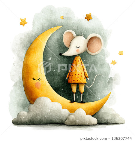 Adorable watercolor mouse character resting peacefully on a smiling crescent moon surrounded by fluffy clouds and twinkling stars, perfect for children's books and nursery decor 136207744
