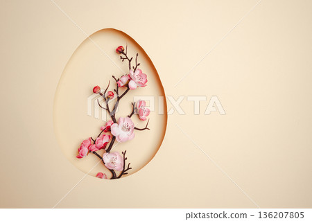 Top view pastel beige background with Easter decor Top view pastel beige background with Easter decor 136207805