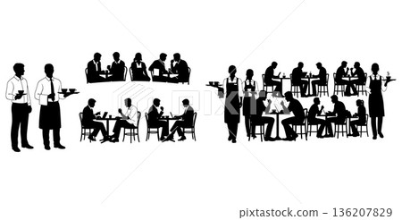 Silhouette illustration of coffee shop with customers at tables and waiters serving coffee 136207829