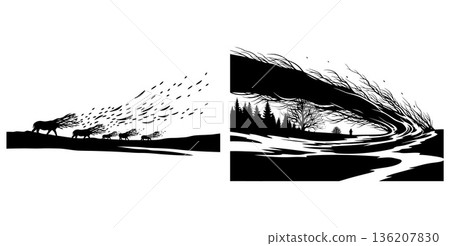Silhouette illustration of deer migration and winter forest landscape, minimal composition, vector 136207830