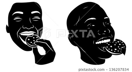 Silhouette illustration of two joyful persons eating delicious round chocolate chip cookies with pleasure 136207834