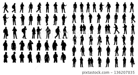 Silhouette illustration showcasing diverse people standing, walking, and interacting, ideal for website placeholders or infographics 136207835