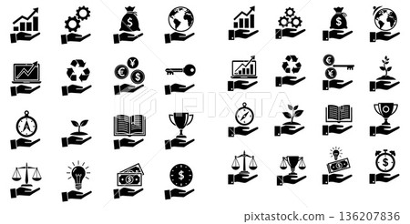 Silhouette illustrations of hands holding various symbols representing business, finance, growth and achievement Silhouette illustrations of hands holding various symbols representing business, finance, growth and achievement 136207836