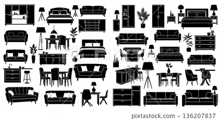 Silhouette interior furniture collection including bed, sofa, dining table, cabinet, and plant set 136207837