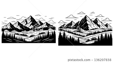 Silhouette mountain landscape set with forest and clouds ideal for logo or prints Silhouette mountain landscape set with forest and clouds ideal for logo or prints 136207838