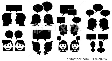 Silhouettes of people communicating with speech bubbles and conversation icons 136207879