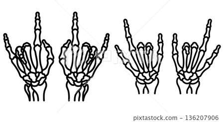Skeleton hands making rock and roll and middle finger gestures 136207906