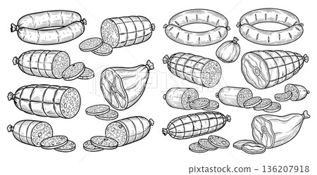 Handdrawn meat assortment pattern with sliced salami, sausage and prosciutto cuts in detailed line art style 136207918