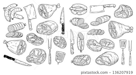 Handdrawn meat products assortment with steak, sausage, and butcher tools sketched pattern 136207919