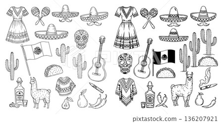 Handdrawn Mexican icons set with sombrero, cactus, flag, guitar, llama and tequila bottle 136207921