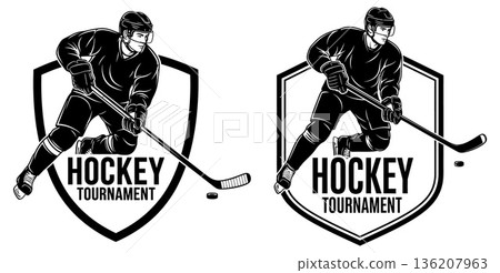 Ice Hockey Player Silhouette in Action Within a Shield Emblem for Tournaments 136207963