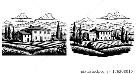 Italian countryside with villa and cypress trees, engraved landscape illustration in vector 136208010