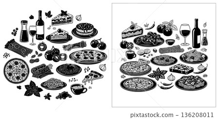 Italian food illustrations in black and white, including pasta, pizza, wine and desserts 136208011