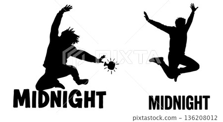 Jumping silhouette figures with celebratory horn in design for posters and print 136208012
