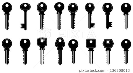 Key silhouettes assortment, diverse lock designs set, security elements collection of different shapes 136208013