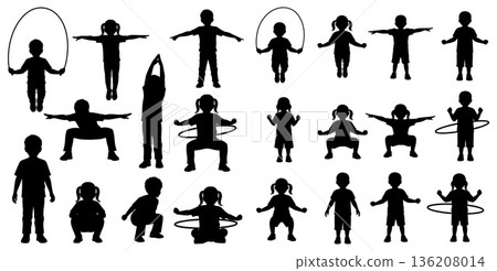 Kids silhouettes exercising jumping rope, stretching, hula hoop fitness activity poses set 136208014