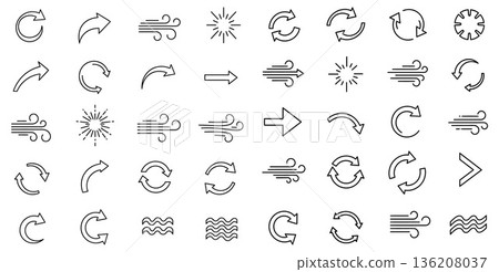 Line art icon set, showing arrows, wind, water waves, sun rays, various orientations 136208037