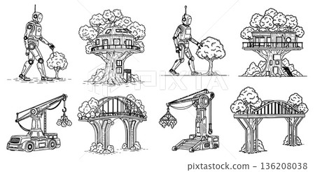 Line art illustration featuring robots, treehouses, and craneoperated structures for science fiction designs 136208038