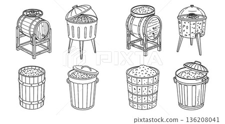Line art illustration of diverse compost bin designs with organic waste inside, outlined 136208041