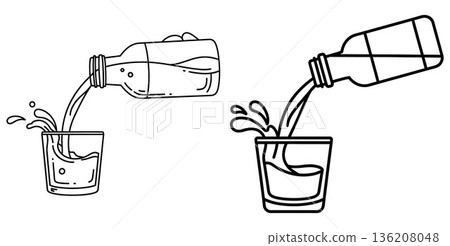 Line art of bottle pouring liquid into glass with splash detail illustration 136208048
