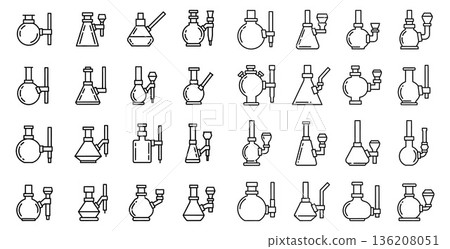 Line art seamless pattern of different laboratory glass bongs, for research or product backgrounds 136208051