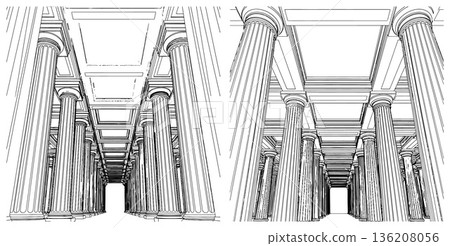 Linear drawing of majestic colonnade architecture, perspective view emphasizing depth and geometric precision 136208056