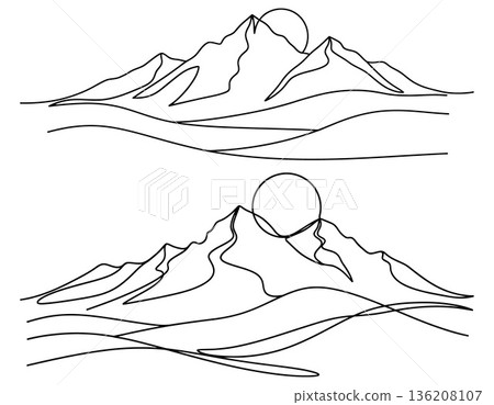 Mountain peaks and sun continuous line art illustration for minimalist landscape design projects 136208107